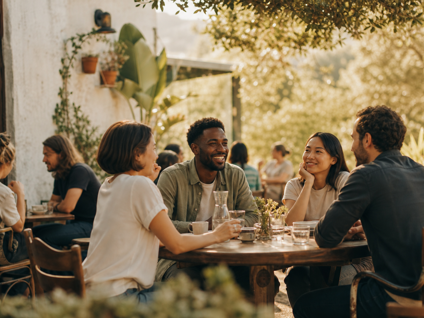 Members smiling and listening during a Marriage Hunt style dinner gathering