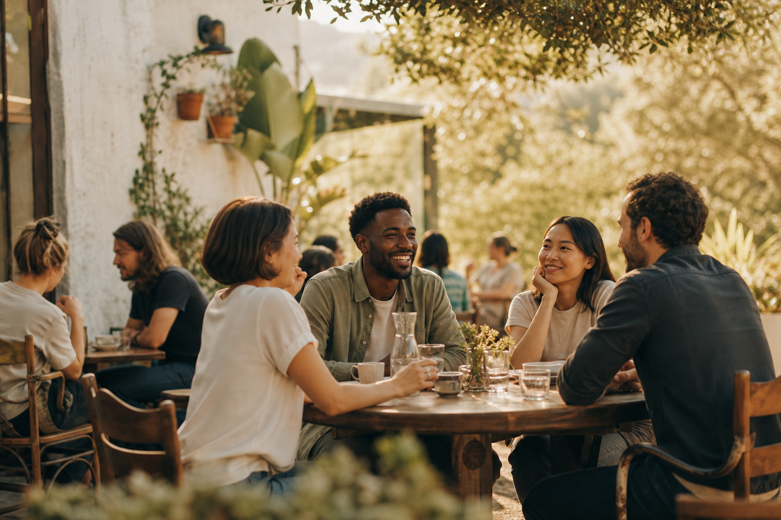 A small group of members talking together at an outdoor dinner table